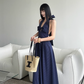 French A-line V-neck Halter Backless Striped Long dress Beach Dress Women Summer Dress with Bow knot D1860