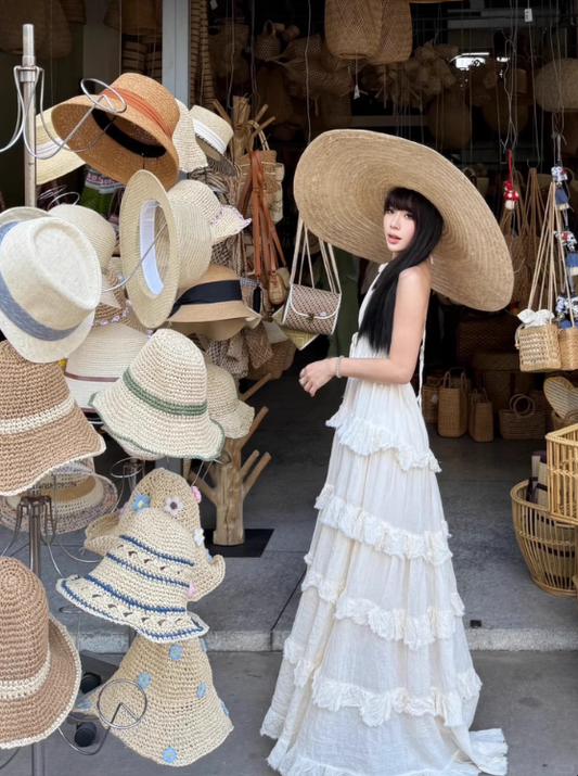 Island Style Halter Backless Tiered Pleated Beach Vacation Dress Women Summer Long Dress D1861