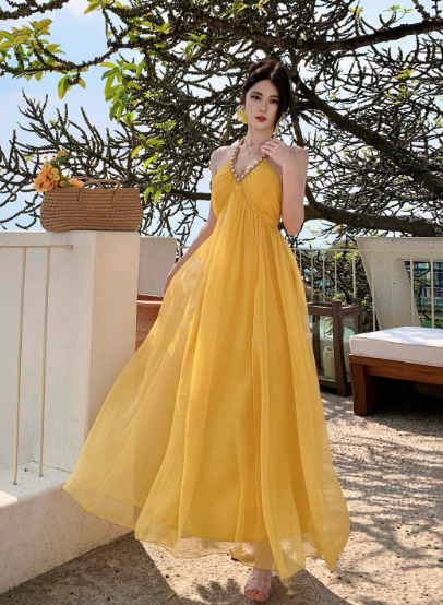 Sweet Crystal V-neck Halter Backless Tulle Pleated Seaside Dress Women Summer Long Dress D1862