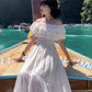 Pretty Off-the-shoulder Ruffle Pleated Beach Vacation Seaside Dress Women Summer Maxi Dress D1863