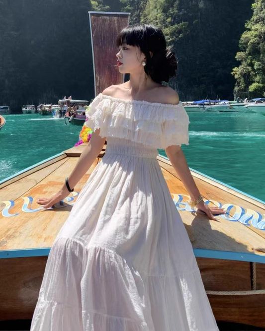 Pretty Off-the-shoulder Ruffle Pleated Beach Vacation Seaside Dress Women Summer Maxi Dress D1863