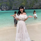 Pretty Off-the-shoulder Ruffle Pleated Beach Vacation Seaside Dress Women Summer Maxi Dress D1863