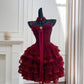 Pretty Burgundy Spaghetti Straps Sweetheart Neck Lace Tiered Tulle Ball Gown Short Prom Dress Homecoming Dress D1865