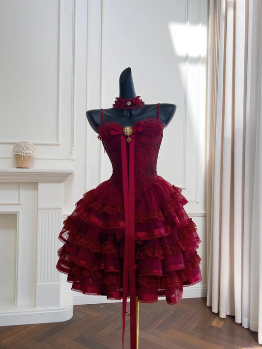 Pretty Burgundy Spaghetti Straps Sweetheart Neck Lace Tiered Tulle Ball Gown Short Prom Dress Homecoming Dress D1865