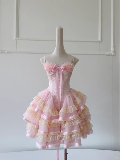 Cute Spaghetti Straps Ruffle Rose Buttons Tiered Lace Tulle Birthday Party Dress Short Outfits Dress Homecoming Dress  D1867