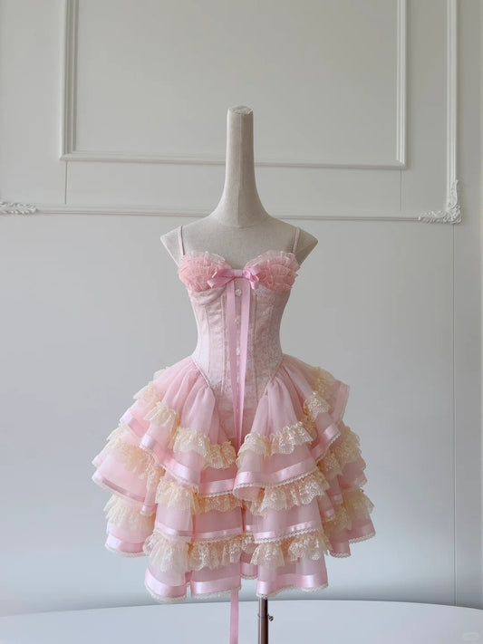 Cute Spaghetti Straps Ruffle Rose Buttons Tiered Lace Tulle Birthday Party Dress Short Outfits Dress Homecoming Dress  D1867