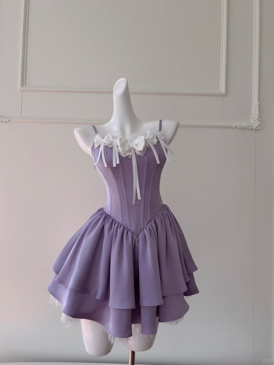 Cute Spaghetti Straps Bowknot Pleated Tiered Lace Ruffle Ballet Skirt Sweet 16 Party Dress Prom Dress Homecoming Dress D1869