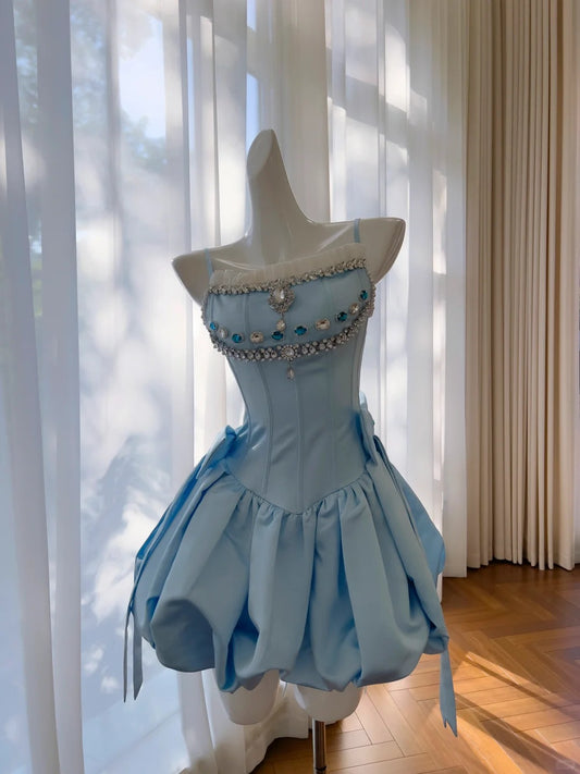 Cute Spaghetti Straps Swarovski Crystal Pleated Bowknot Mini Skirt Sweet 16 Short Prom Dress Homecoming Dress D1870