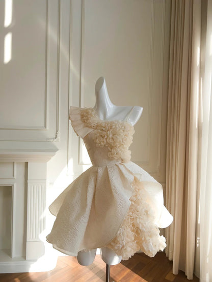 Pretty Asymmetrical Neckline Pleated Flower Pearl Ruffle Sweet 16 Skirt Short Prom Dress Homecoming Dress D1871