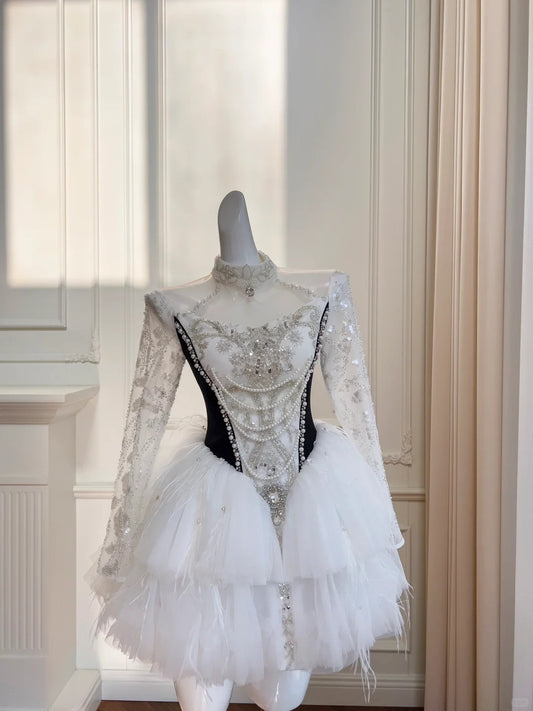 Newest High Collar Long Tulle Sleeves Feather Beaded Sequins Crystal Tiered Sweet 16 Dance Skirt Party Dress Homecoming Dress D1873