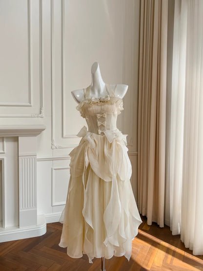 Elegant Spaghetti Straps Pearl Neck Ruffle Bowknot Pleated Tiered Quinceanera Dress Homecoming Dress Birthday Party Dress D1876