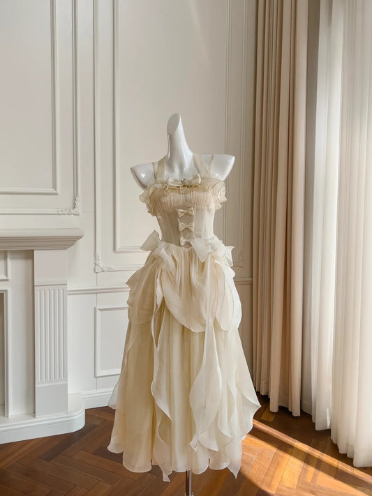 Elegant Spaghetti Straps Pearl Neck Ruffle Bowknot Pleated Tiered Quinceanera Dress Homecoming Dress Birthday Party Dress D1876