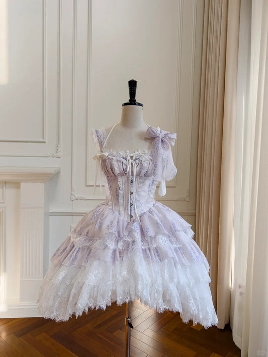 Gorgeous Straps Bowknot Lace Ruffle Print Pleated Tiered Quinceanera Dress Homecoming Dress Ball Gown D1877