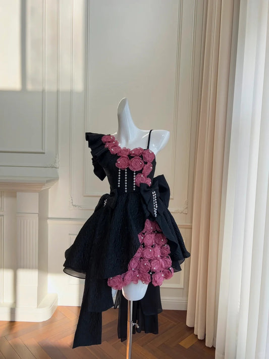Gorgeous Asymmetrical Neckline Bowknot Pearl Rose Sweet 16 Dress Homecoming Dress Short Prom Dress  D1878