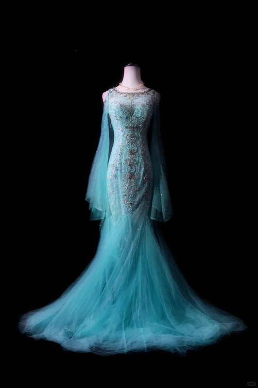Gorgeous Jewel Neck Long Sleeve Sequins Lace Crystal Tiered Tulle Party Dress Evening Dress Mermaid Dress Prom Dress  D1881