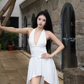 French V-neck Halter Pleated Hi-lo Women Summer Dress Vacation Seaside Dress D1882