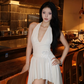French V-neck Halter Pleated Hi-lo Women Summer Dress Vacation Seaside Dress D1882