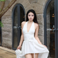 French V-neck Halter Pleated Hi-lo Women Summer Dress Vacation Seaside Dress D1882