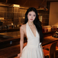French V-neck Halter Pleated Hi-lo Women Summer Dress Vacation Seaside Dress D1882