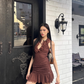 Vintage V-Neck Brown Ruffled Pleated Short Skirt Women Summer Dress Vacation Dating Dress   D1884