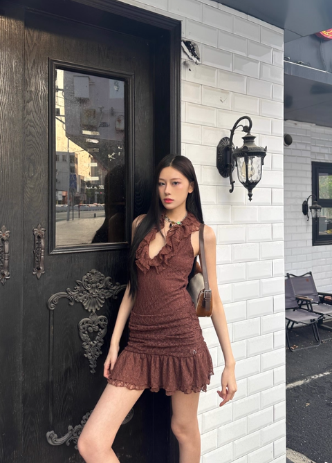 Vintage V-Neck Brown Ruffled Pleated Short Skirt Women Summer Dress Vacation Dating Dress   D1884