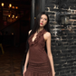 Vintage V-Neck Brown Ruffled Pleated Short Skirt Women Summer Dress Vacation Dating Dress   D1884