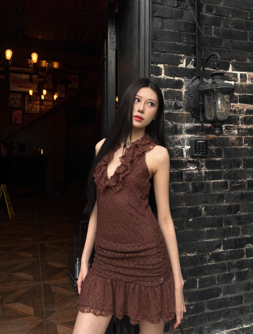 Vintage V-Neck Brown Ruffled Pleated Short Skirt Women Summer Dress Vacation Dating Dress   D1884