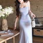Elegant Spaghetti Straps Pleated Slim Fit Long Mesh Skirt Women Date Dress Seaside Dress    D1887