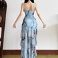 Sweet Spaghetti Straps Tiered Pleated Ruffled Patchwork Train Skirt Women Date Dress Summer Dress    D1888