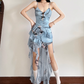 Sweet Spaghetti Straps Tiered Pleated Ruffled Patchwork Train Skirt Women Date Dress Summer Dress    D1888