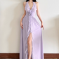 Elegant V-Neck Halter Backless Pleated Ruffle Slit Summer Maxi Dress Women Seaside Dress    D1889