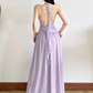 Elegant V-Neck Halter Backless Pleated Ruffle Slit Summer Maxi Dress Women Seaside Dress    D1889