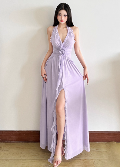Elegant V-Neck Halter Backless Pleated Ruffle Slit Summer Maxi Dress Women Seaside Dress    D1889