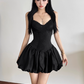 Pretty Spaghetti Straps Pleated Lace Jacquard Slim Floral Skirt Women Date Dress Summer Dress    D1890