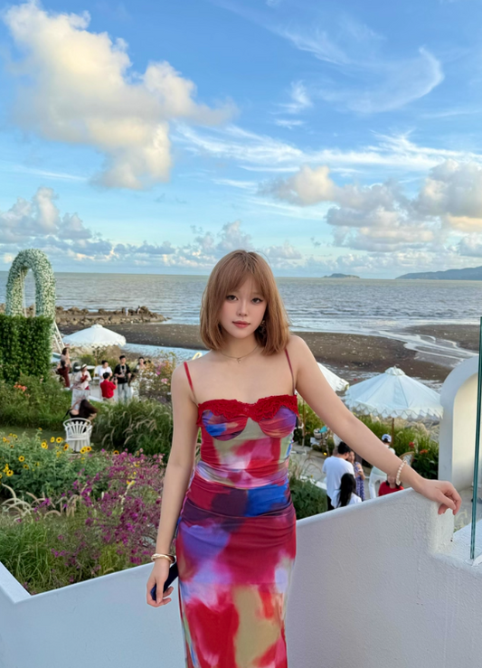 Pretty Spaghetti Straps Holiday Oil Painting Island Dress Long Skirt Women Summer Dress   D1892