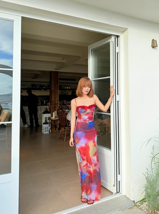 Pretty Spaghetti Straps Holiday Oil Painting Island Dress Long Skirt Women Summer Dress   D1892