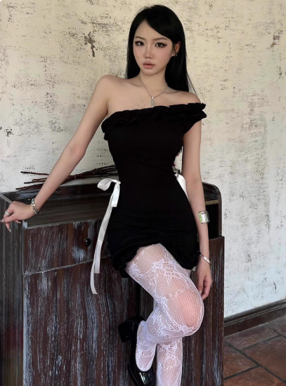 Sexy One Shoulder Pleated Lace Up Short Summer Dress Women Dress D1894