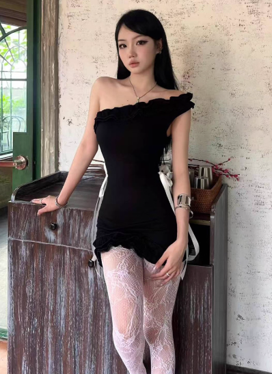 Sexy One Shoulder Pleated Lace Up Short Summer Dress Women Dress D1894