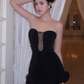 Sexy Strapless Pleated Flower Mini Party Skirt Birthday Dress Women Summer Dress   D1897