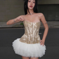 Elegant Strapless Printing Flower Tiered Tulle Short Skirt Party Dress Women Summer Dress  D1898