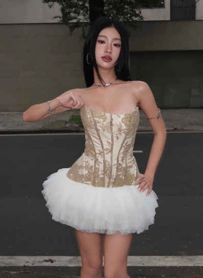 Elegant Strapless Printing Flower Tiered Tulle Short Skirt Party Dress Women Summer Dress  D1898