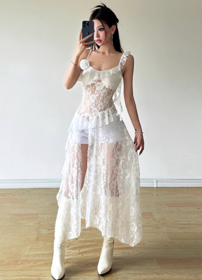 Sexy Irregular Suspenders Ruffle Pleated Hi-lo Dress Women Summer Dress   D1899