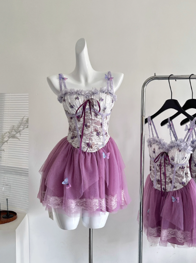 Cute Spaghetti Straps Lace Pleated Tulle Butterfly Summer Dress Women Dress   D1900