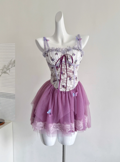 Cute Spaghetti Straps Lace Pleated Tulle Butterfly Summer Dress Women Dress   D1900