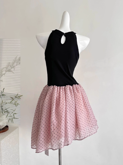 Pretty Halter Polka Dot Pleated Tulle Bowknot Rose Summer Dress Women Date Dress  D1901