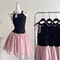 Pretty Halter Polka Dot Pleated Tulle Bowknot Rose Summer Dress Women Date Dress  D1901