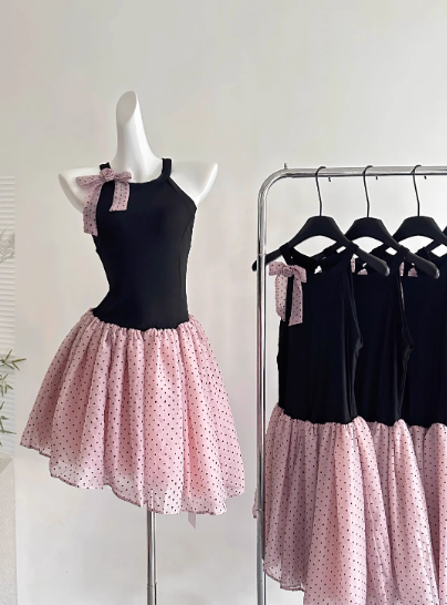 Pretty Halter Polka Dot Pleated Tulle Bowknot Rose Summer Dress Women Date Dress  D1901