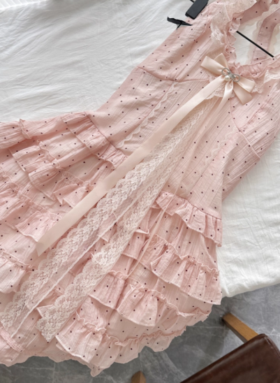 Cute Halter Polka Dot Pleated Tulle Tiered Summer Princess Dress Women Date Dress  D1902