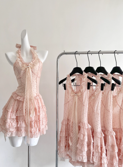 Cute Halter Polka Dot Pleated Tulle Tiered Summer Princess Dress Women Date Dress  D1902