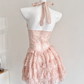 Cute Halter Polka Dot Pleated Tulle Tiered Summer Princess Dress Women Date Dress  D1902